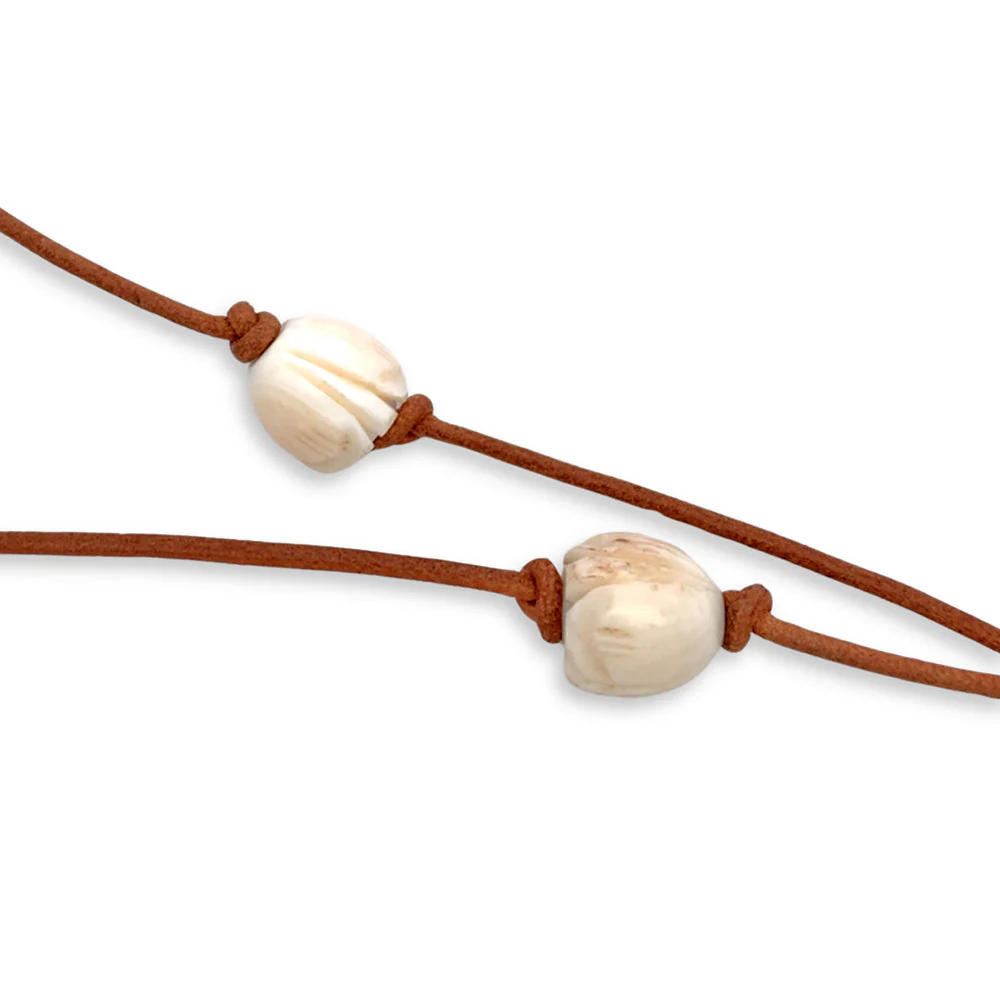 Carved Bone Bead & Leather Necklace - "Tulips" - Image 2
