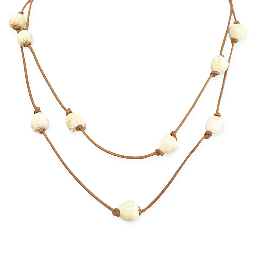 Carved Bone Bead & Leather Necklace - "Tulips" - Image 3