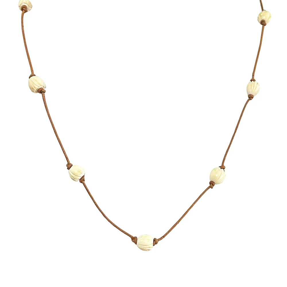 Carved Bone Bead & Leather Necklace - "Tulips" - Image 4