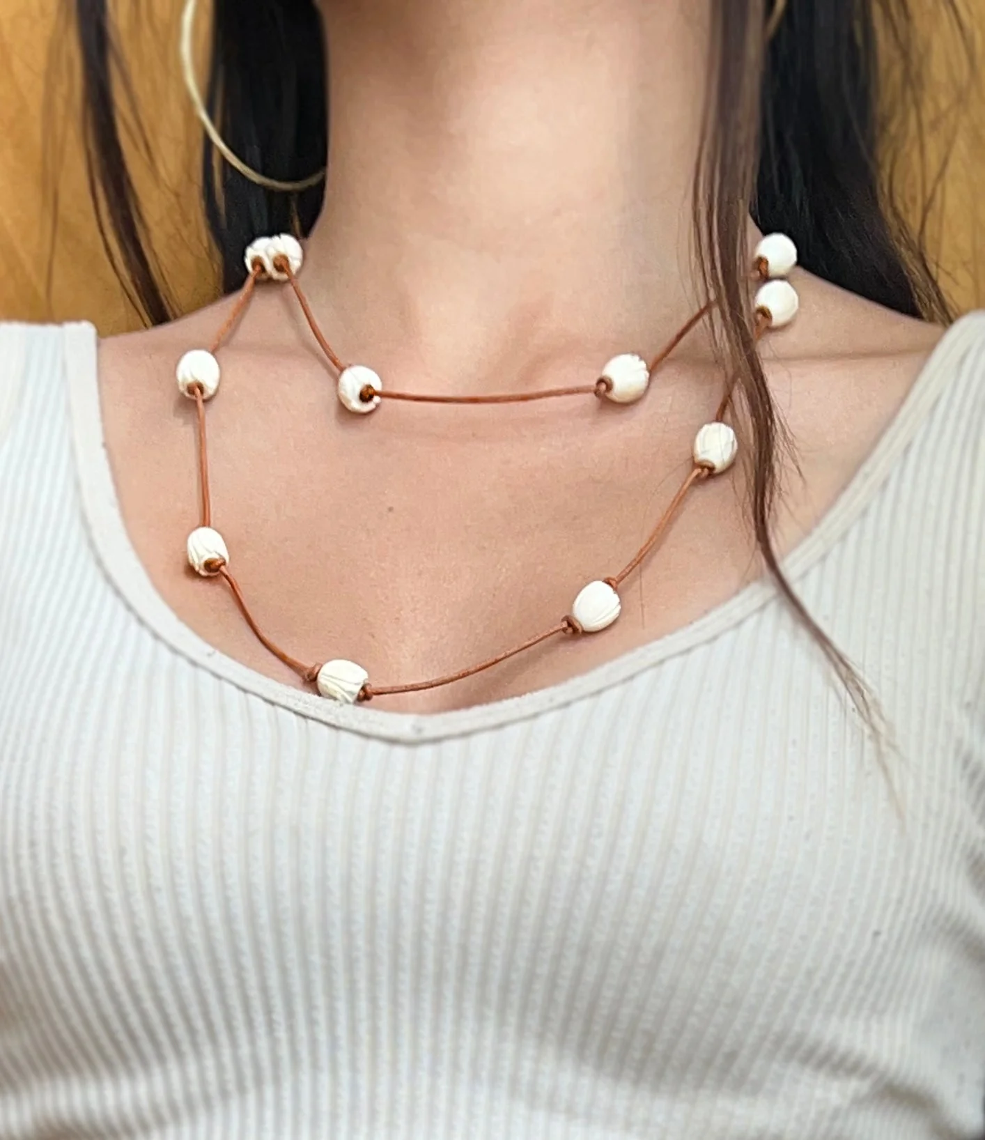 Carved Bone Bead & Leather Necklace - "Tulips" - Image 5