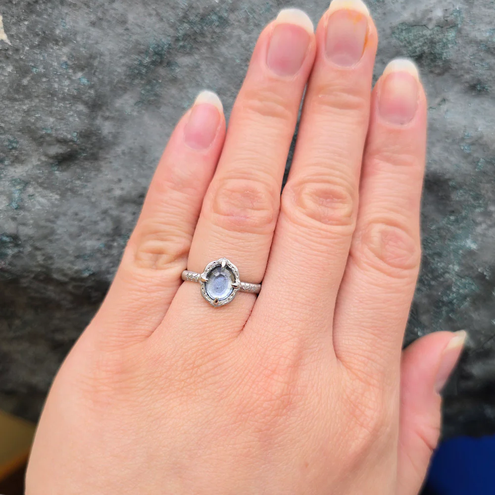 Light Blue Montana Sapphire & Platinum Ring - "Lotus Slipper" - Image 5