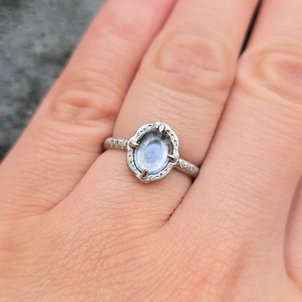 Light Blue Montana Sapphire & Platinum Ring - "Lotus Slipper" - Image 6