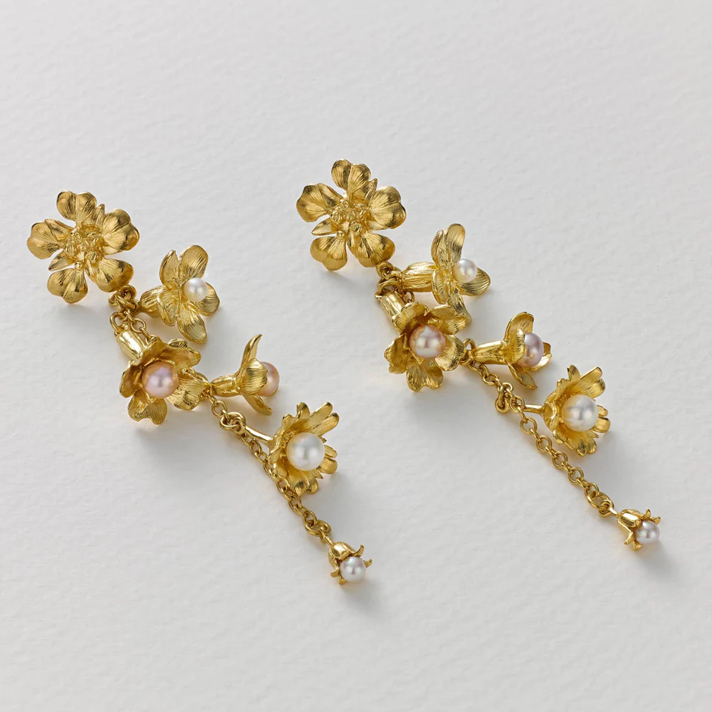 Limited Edition Pearl Drop Gold Vermeil Earrings - "Tumbling Wildflowers" - Image 3