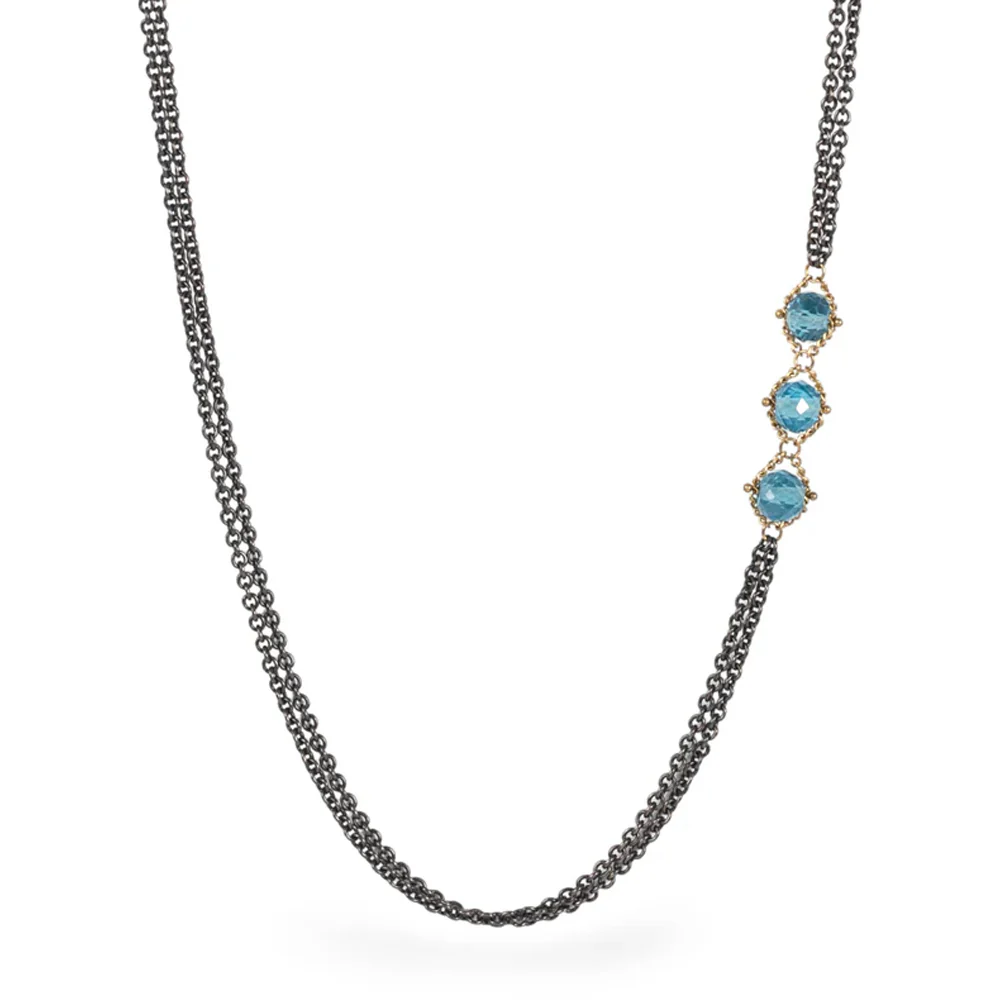 London Blue Topaz Rondelle Necklace - "Triple Textile" - Image 2