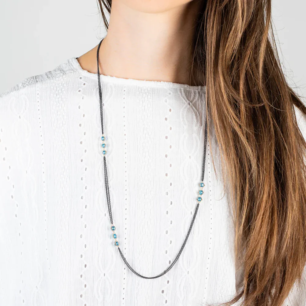 London Blue Topaz Rondelle Necklace - "Triple Textile" - Image 3