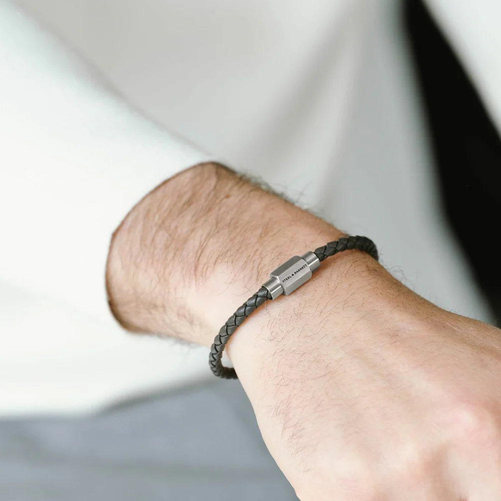 "Luke Landon" Dark Gray Round Braid Leather Bracelet by Steel & Barnett - Image 2