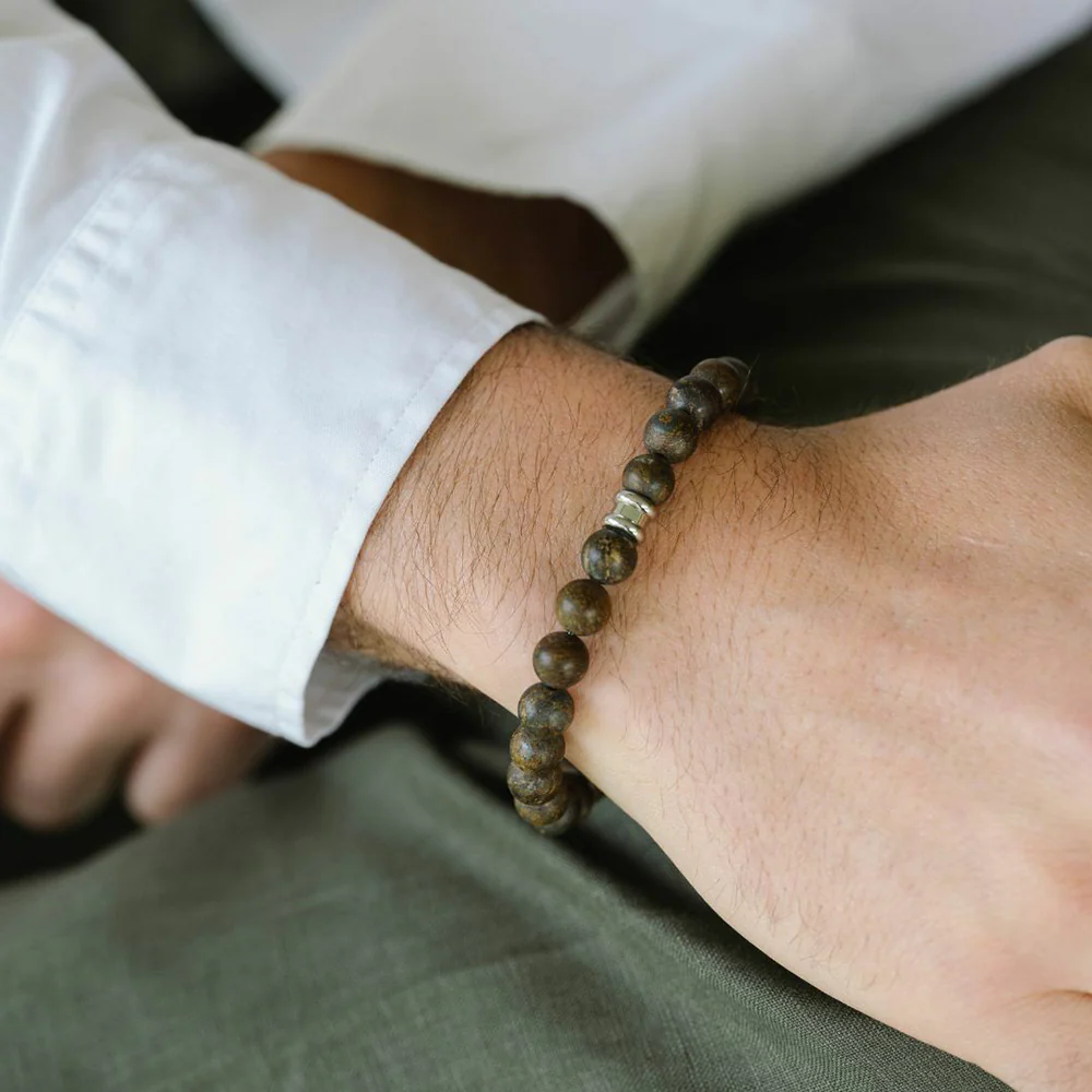 Stainless Steel & Matte Bronzite Beaded Bracelet - "Stones - Image 2
