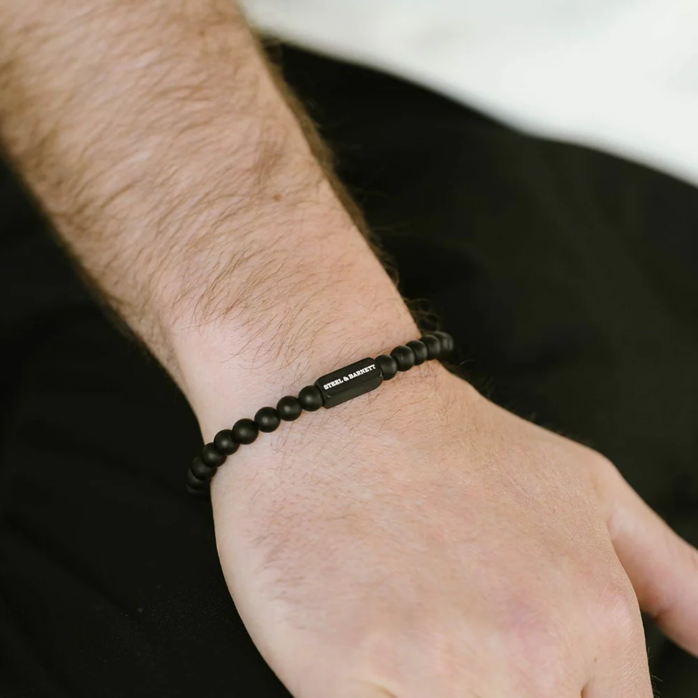 Stainless Steel & Matte Black Onyx Beaded Bracelet - "Natural Ned" - Image 2