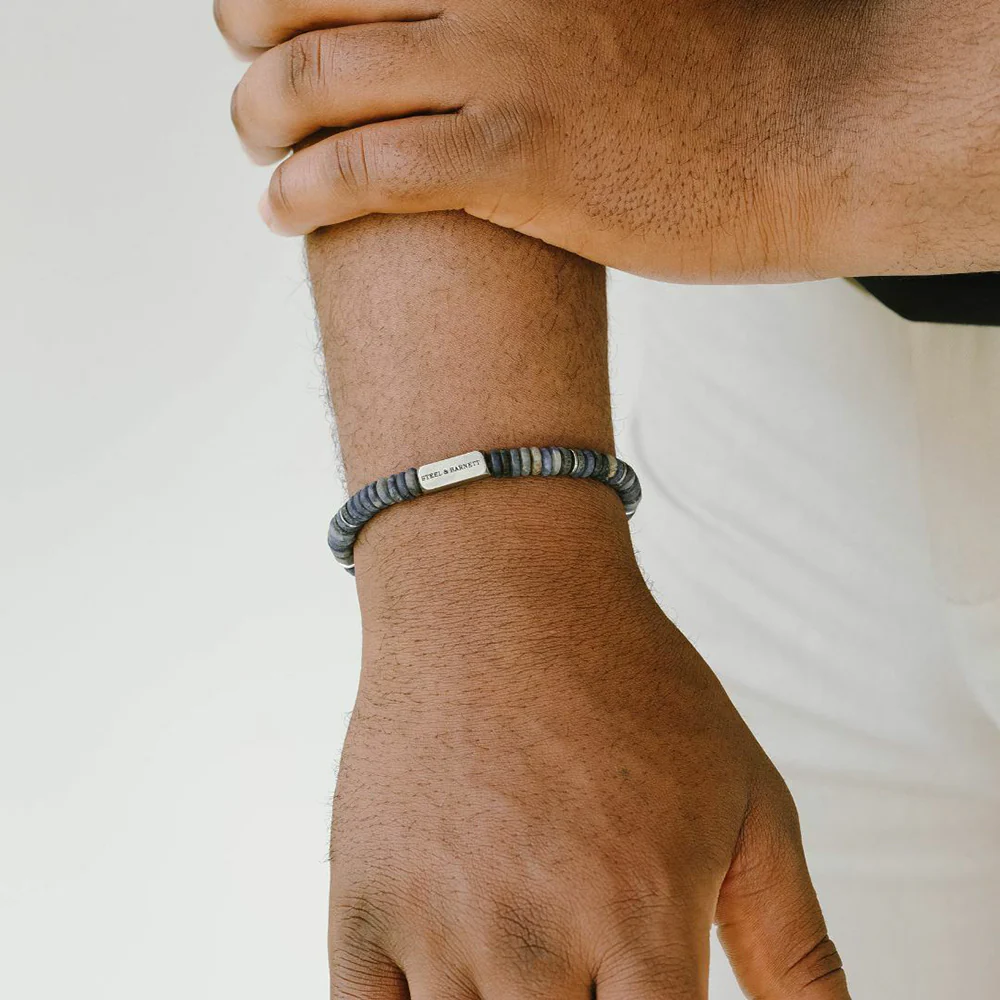 Stainless Steel & Matte Sodalite Beaded Bracelet - "Two Tone" - Image 2