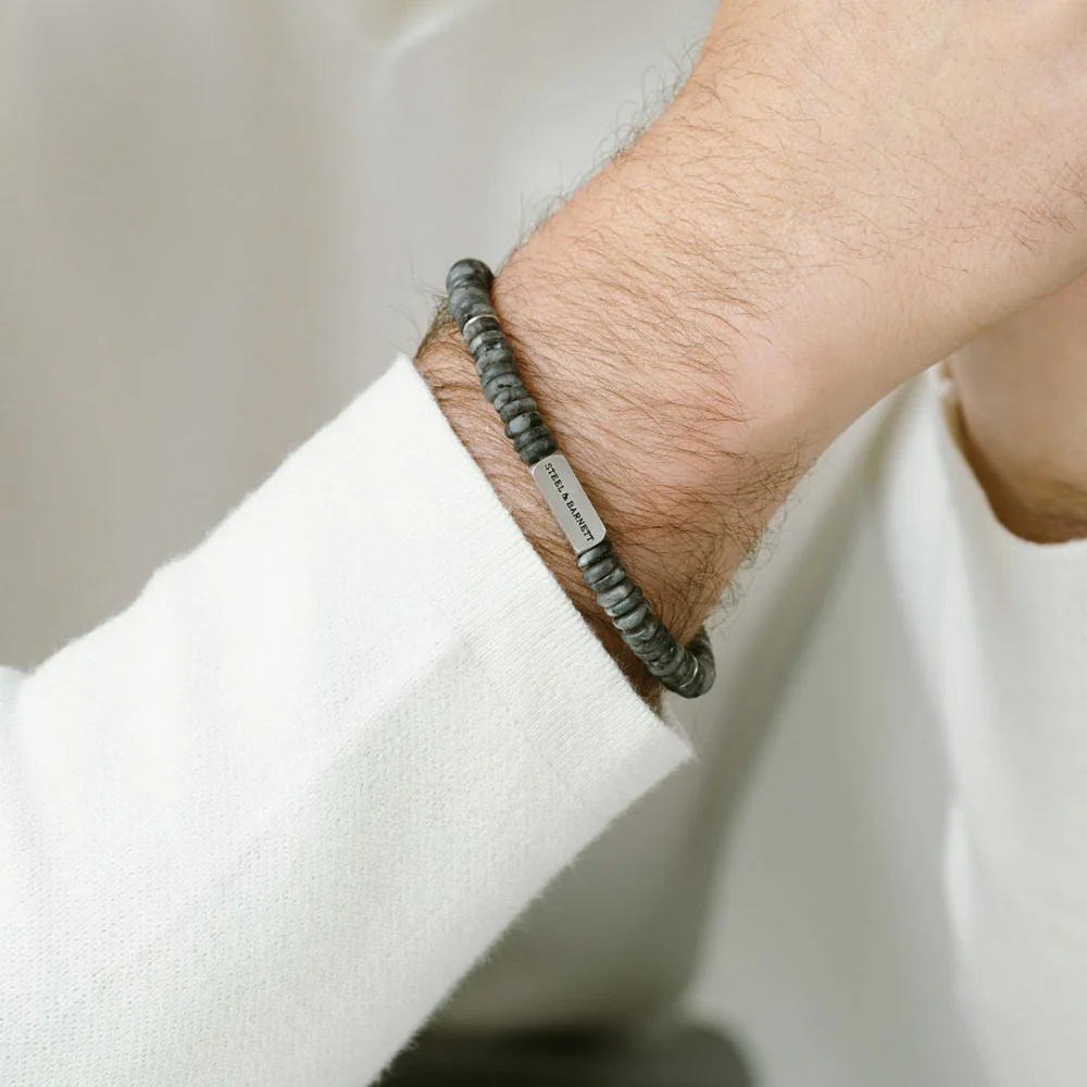 Stainless Steel & Matte Spectrolite Beaded Bracelet - "Two Tone" - Image 2