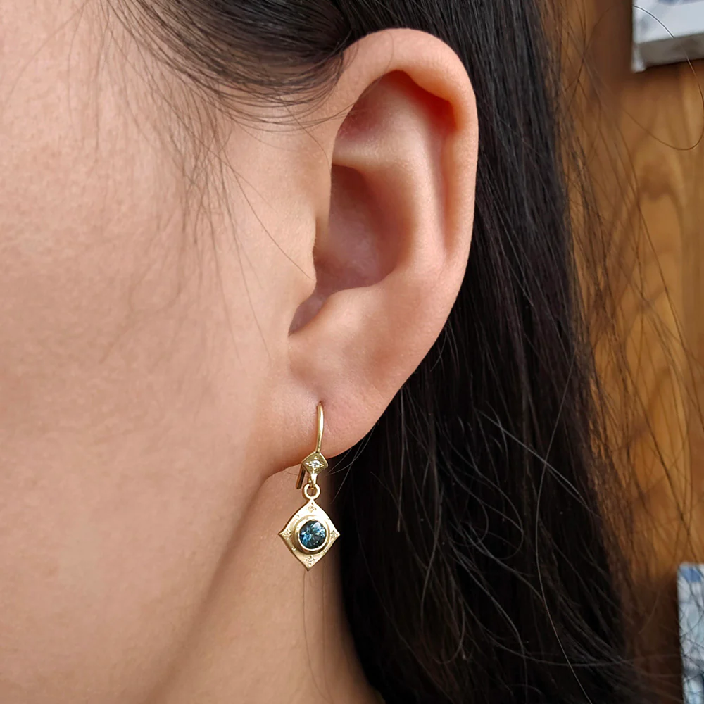 Montana Sapphire & Diamond Yellow Gold Earrings - "Evening Wear" - Image 2