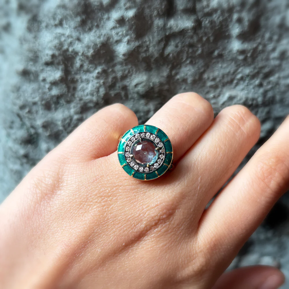 Montana Sapphire, Diamond & Enamel Ring - "Rock Candy Succulent Paradise" - Image 6