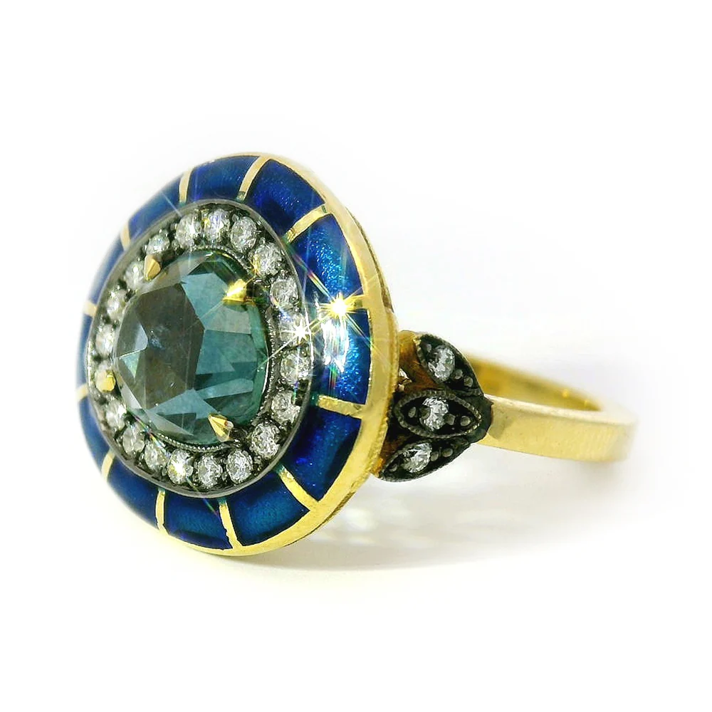 Montana Sapphire, Diamond, & Enamel Ring - "Rock Candy Ocean Mosaic" - Image 4