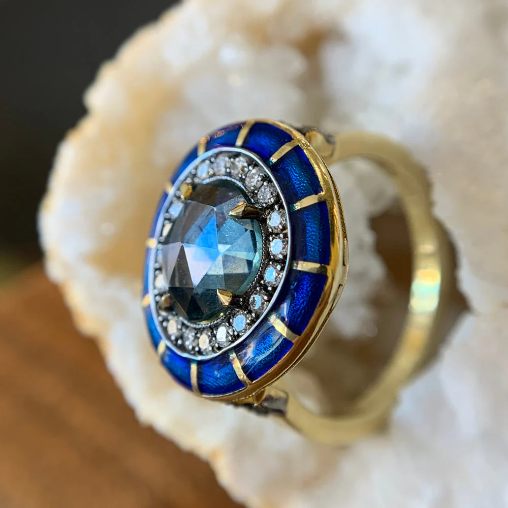 Montana Sapphire, Diamond, & Enamel Ring - "Rock Candy Ocean Mosaic" - Image 5