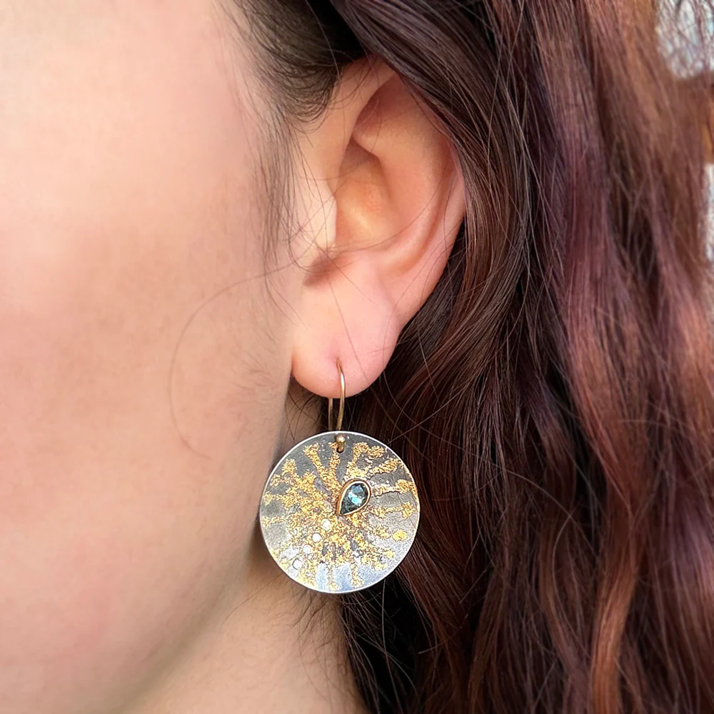 Montana Sapphire, Diamond, Yellow Gold & Silver Earrings - "Sunseed" - Image 2