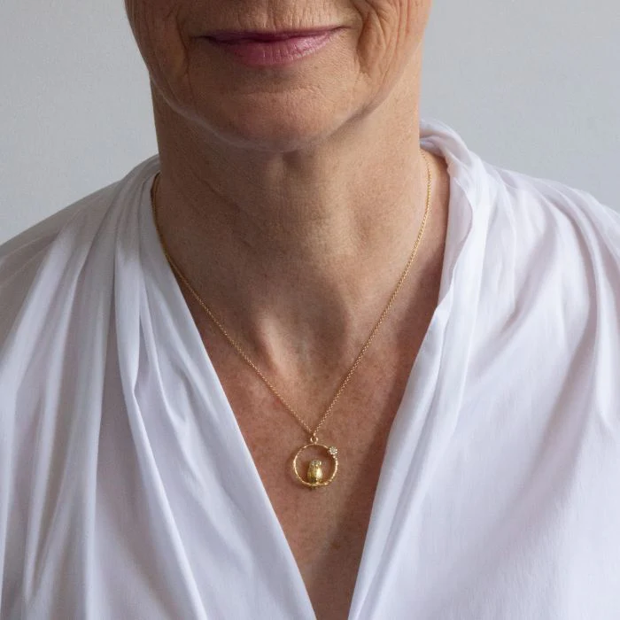 Moonstone & Diamond Gold Vermeil Necklace - "Peering Owl" - Image 3