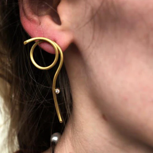 18K Yellow Gold Diamond Earrings - "Spaghetti" - Image 2