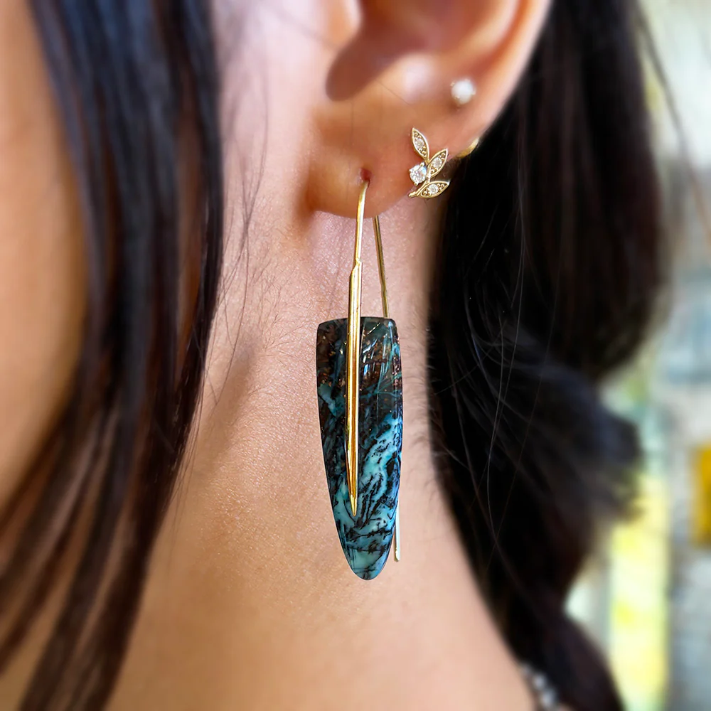One-of-a-Kind Chrysocolla & Yellow Gold Earrings - "Feather" - Image 2