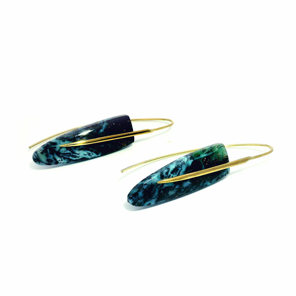One-of-a-Kind Chrysocolla & Yellow Gold Earrings - "Feather" - Image 3