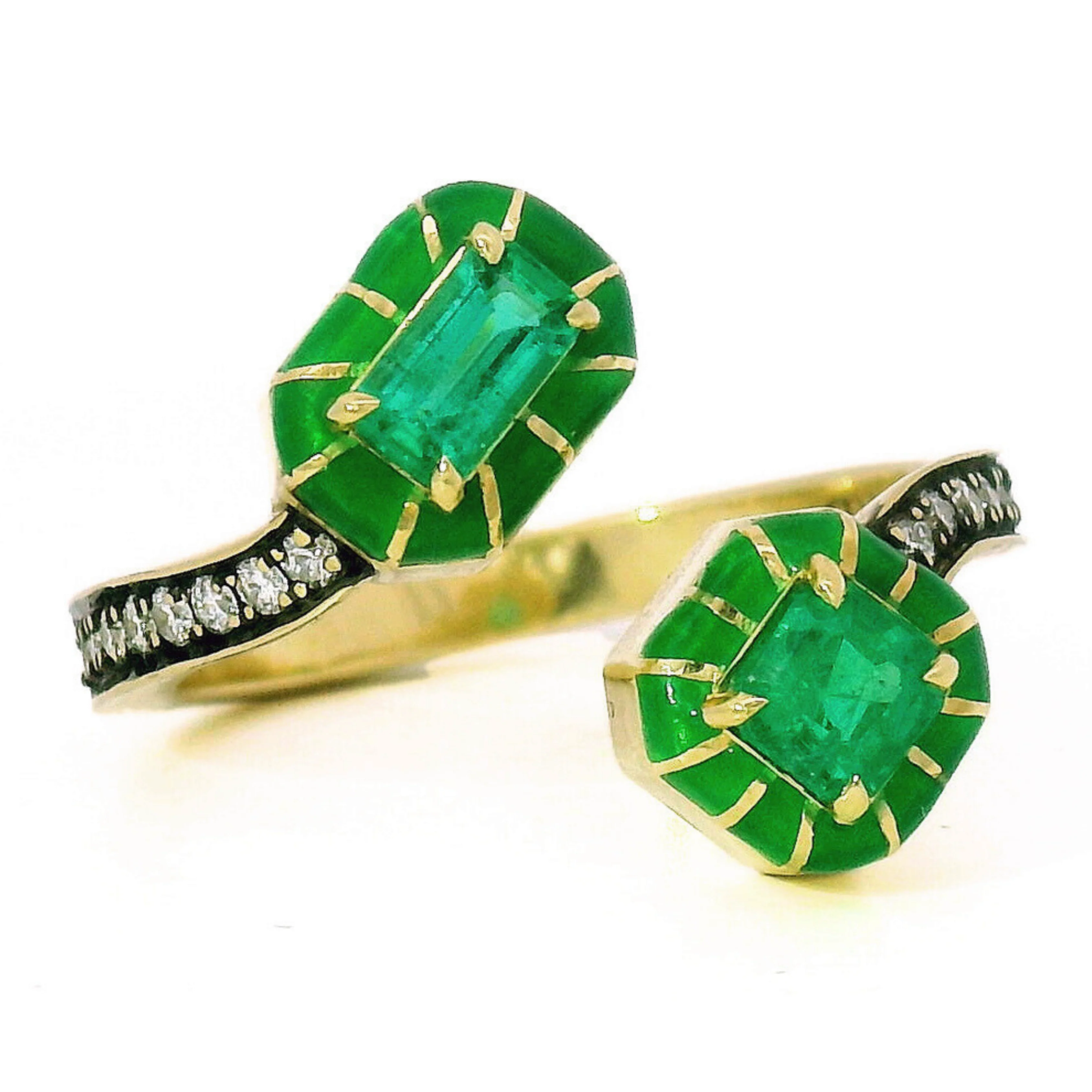 One-of-a-Kind Emerald, Diamond & Enamel Bypass Ring - "Wicked Twist" - Image 2