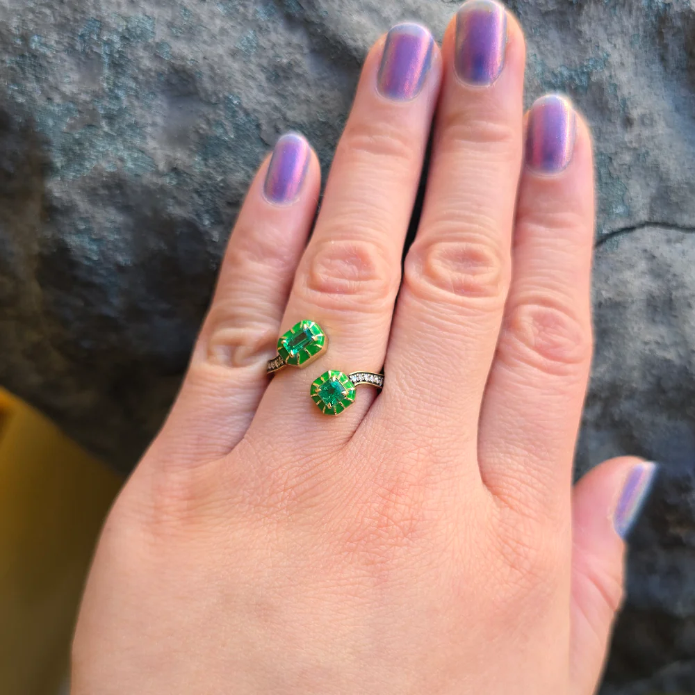 One-of-a-Kind Emerald, Diamond & Enamel Bypass Ring - "Wicked Twist" - Image 3