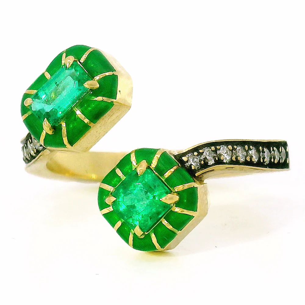 One-of-a-Kind Emerald, Diamond & Enamel Bypass Ring - "Wicked Twist" - Image 4