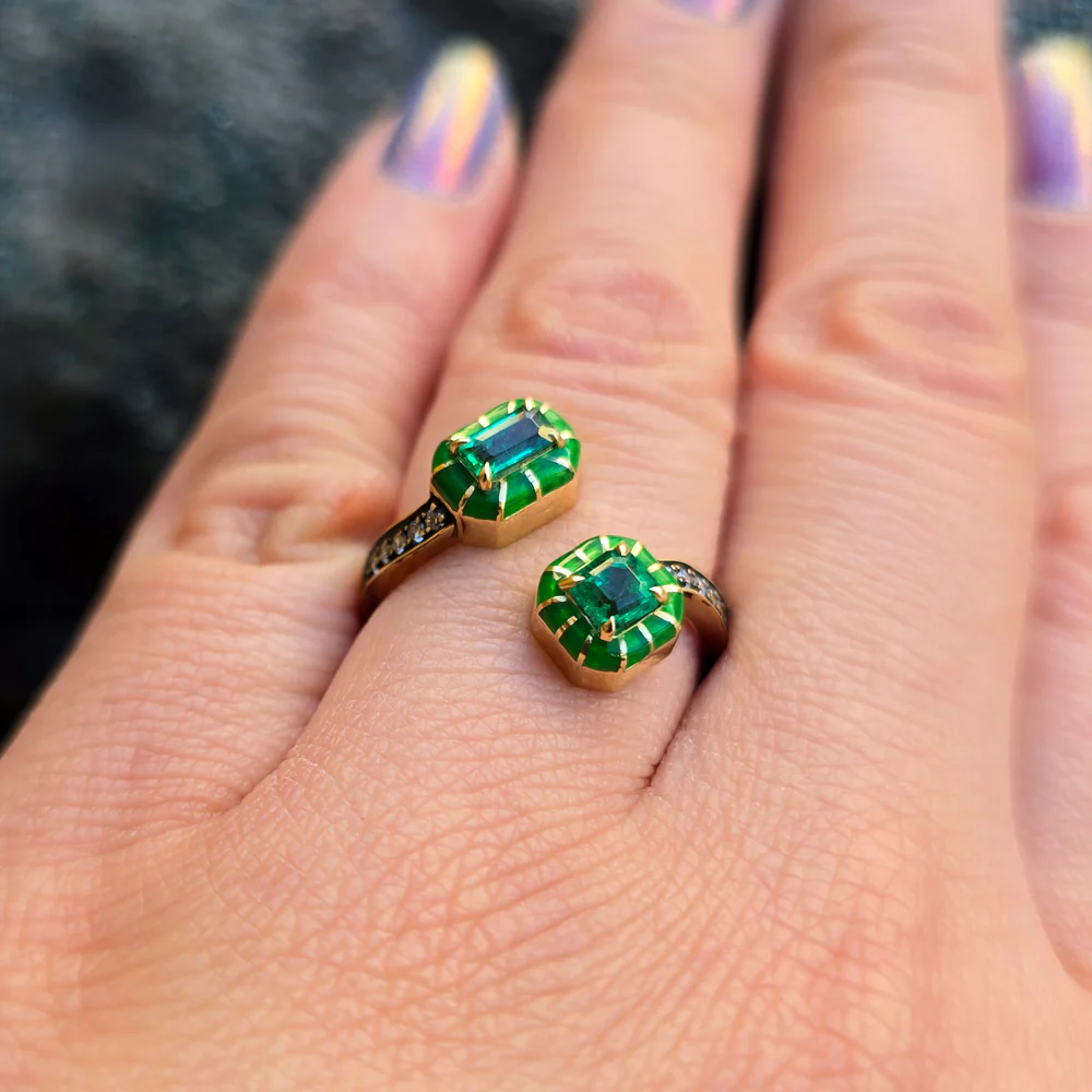 One-of-a-Kind Emerald, Diamond & Enamel Bypass Ring - "Wicked Twist" - Image 7