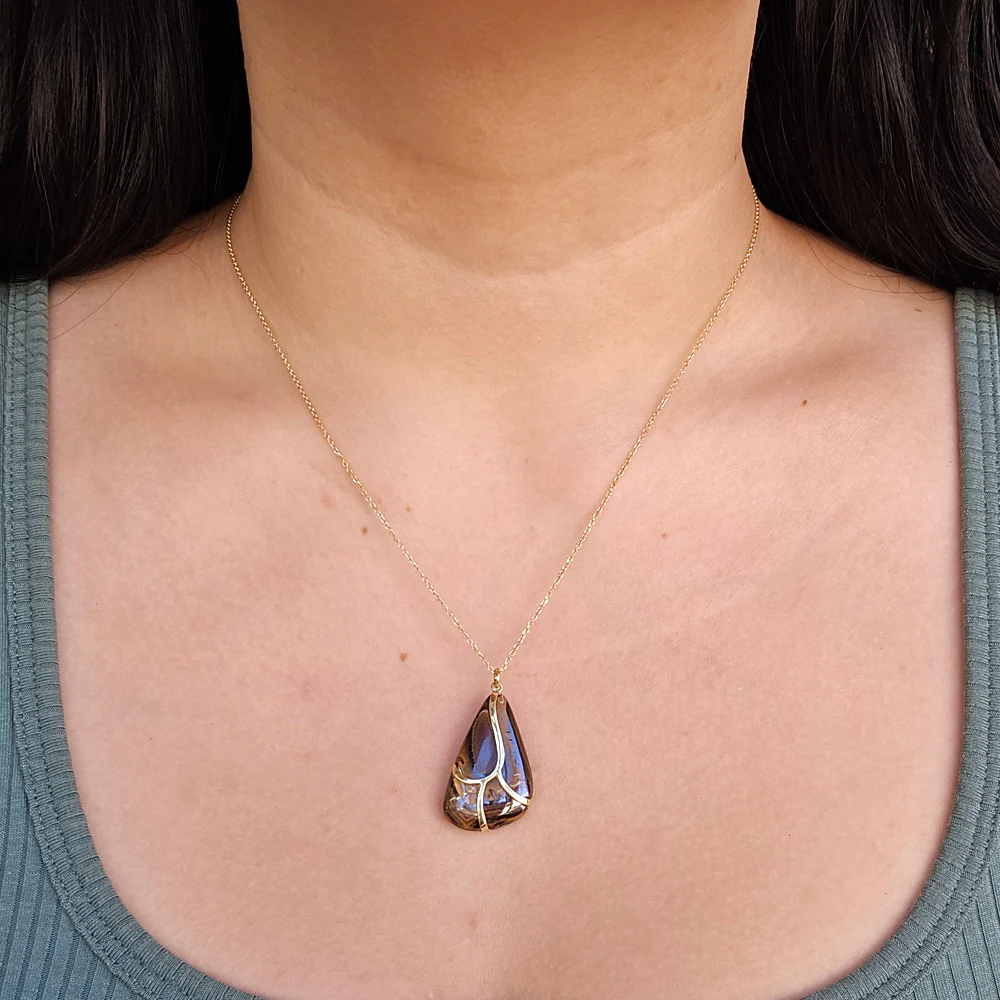 One-of-a-Kind Koroit Nut Opal & Gold Necklace - "Butterfly Wing" - Image 2