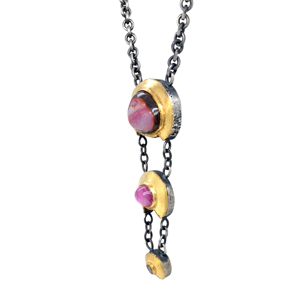One-of-a-Kind Koroit Opal & Pink Montana Sapphire Cabochon Necklace - "Trapeze" - Image 3