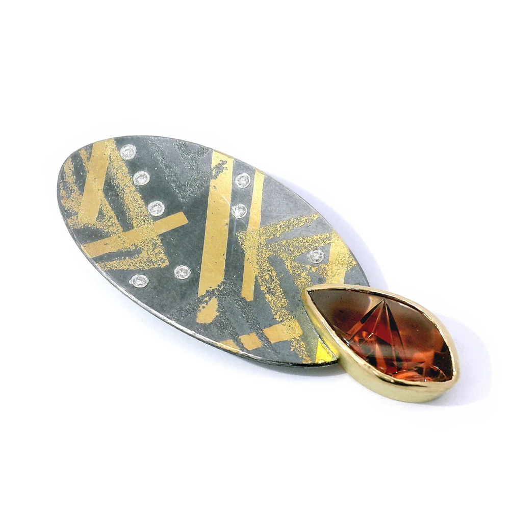 One-of-a-kind Oregon Sunstone, Gold & Sterling Silver Pendant - "Sunfall" - Image 2