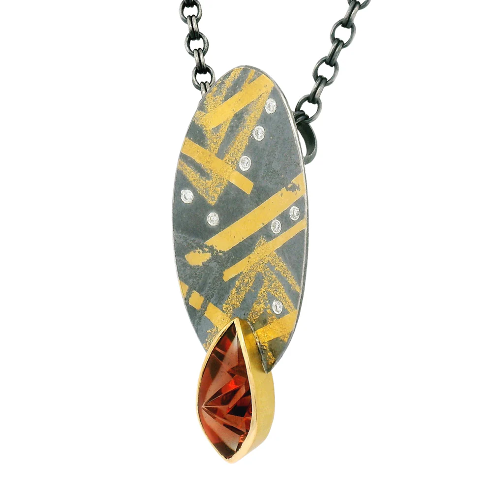 One-of-a-kind Oregon Sunstone, Gold & Sterling Silver Pendant - "Sunfall" - Image 4