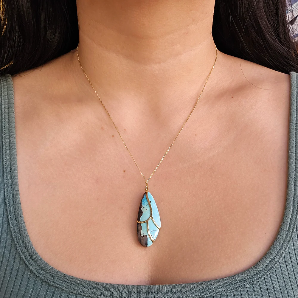 One-of-a-Kind Turquoise & Gold Necklace - "Large Butterfly Wing" - Image 2
