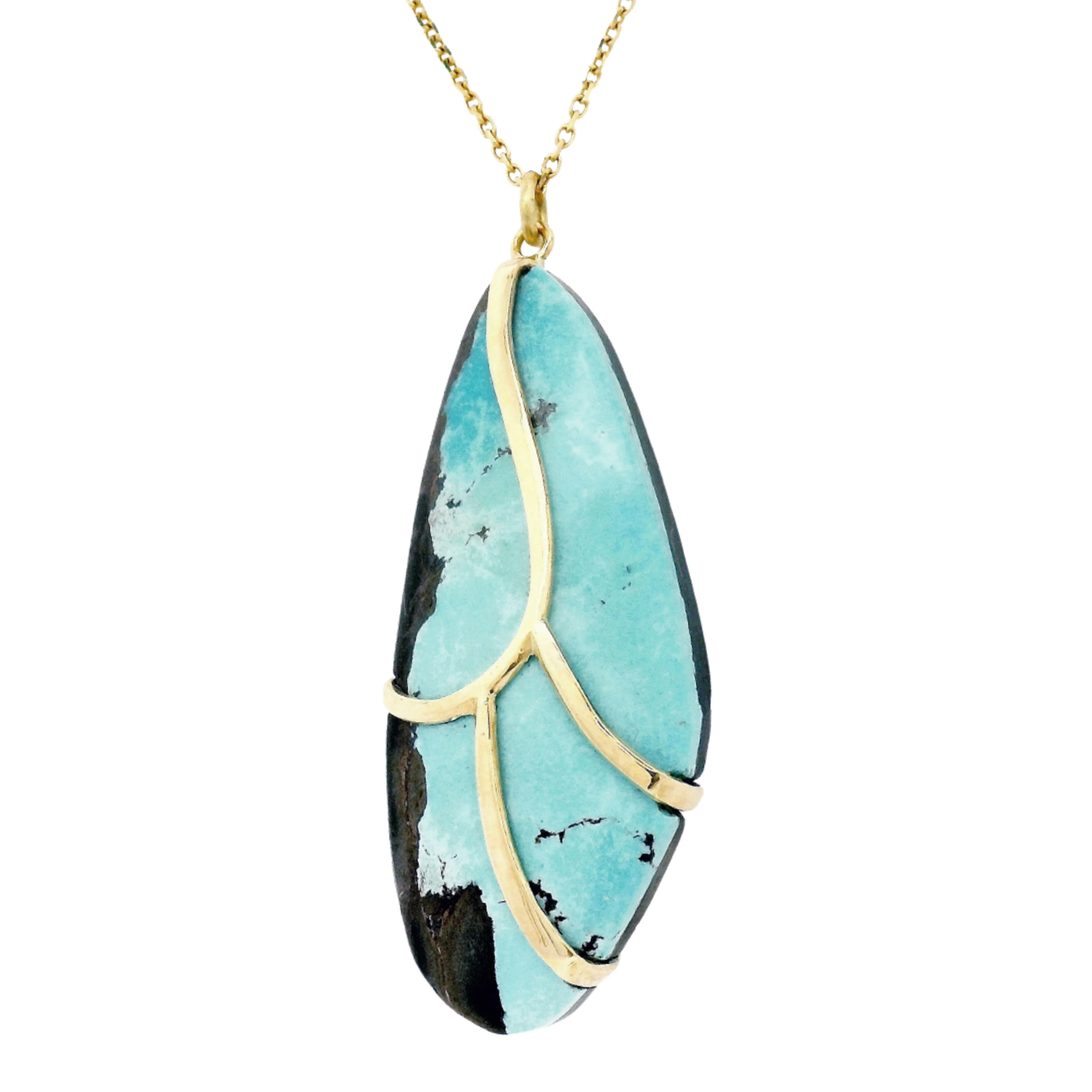 One-of-a-Kind Turquoise & Gold Necklace - "Large Butterfly Wing" - Image 3