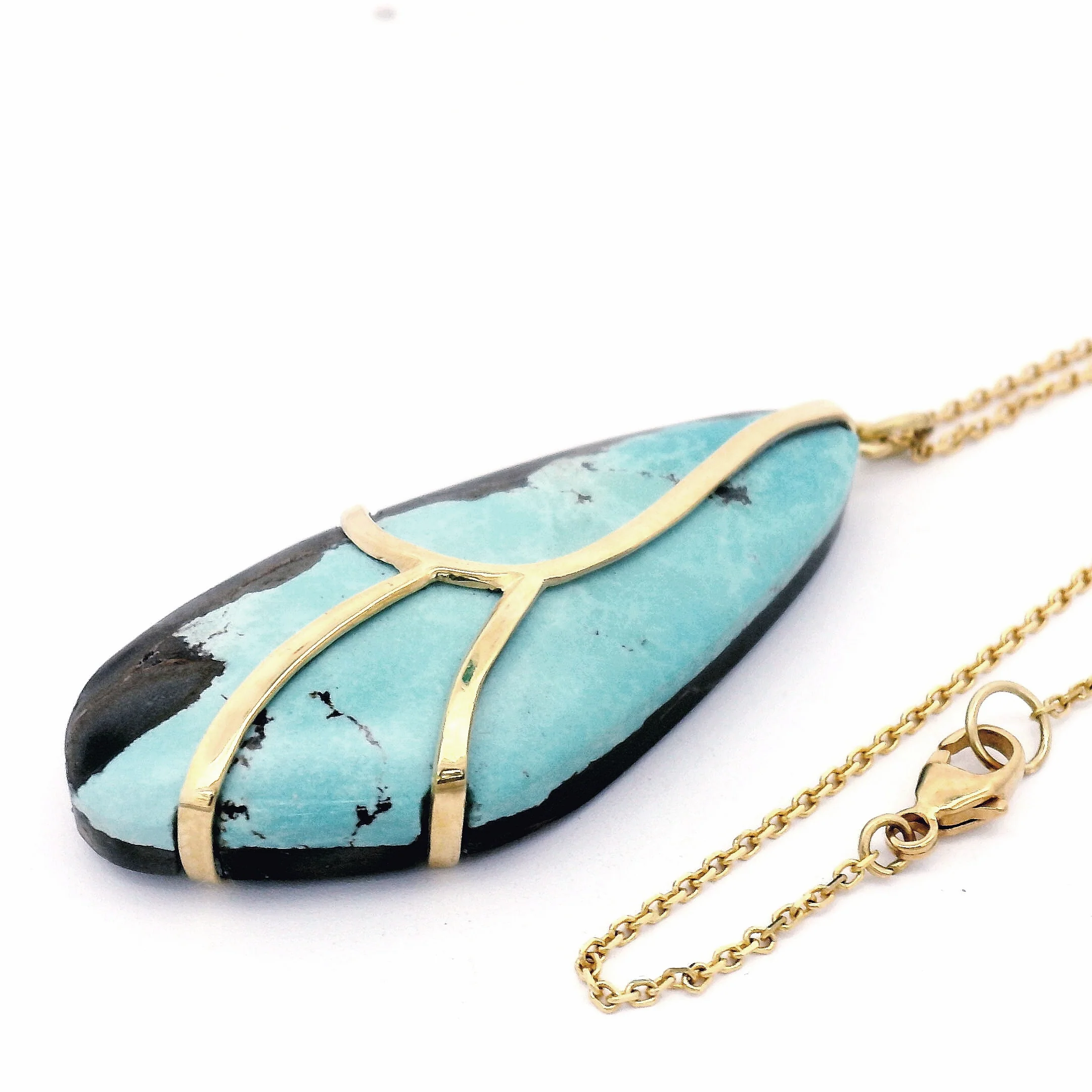 One-of-a-Kind Turquoise & Gold Necklace - "Large Butterfly Wing" - Image 4