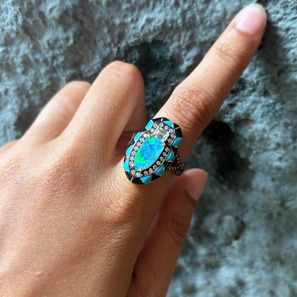 Opal, Diamond & Enamel Fashion Ring - "Blue Mint" - Image 2