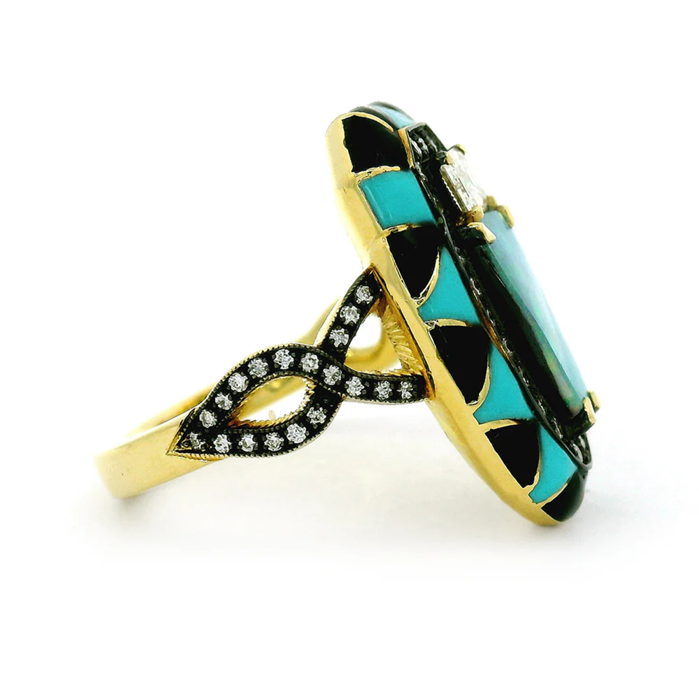Opal, Diamond & Enamel Fashion Ring - "Blue Mint" - Image 3