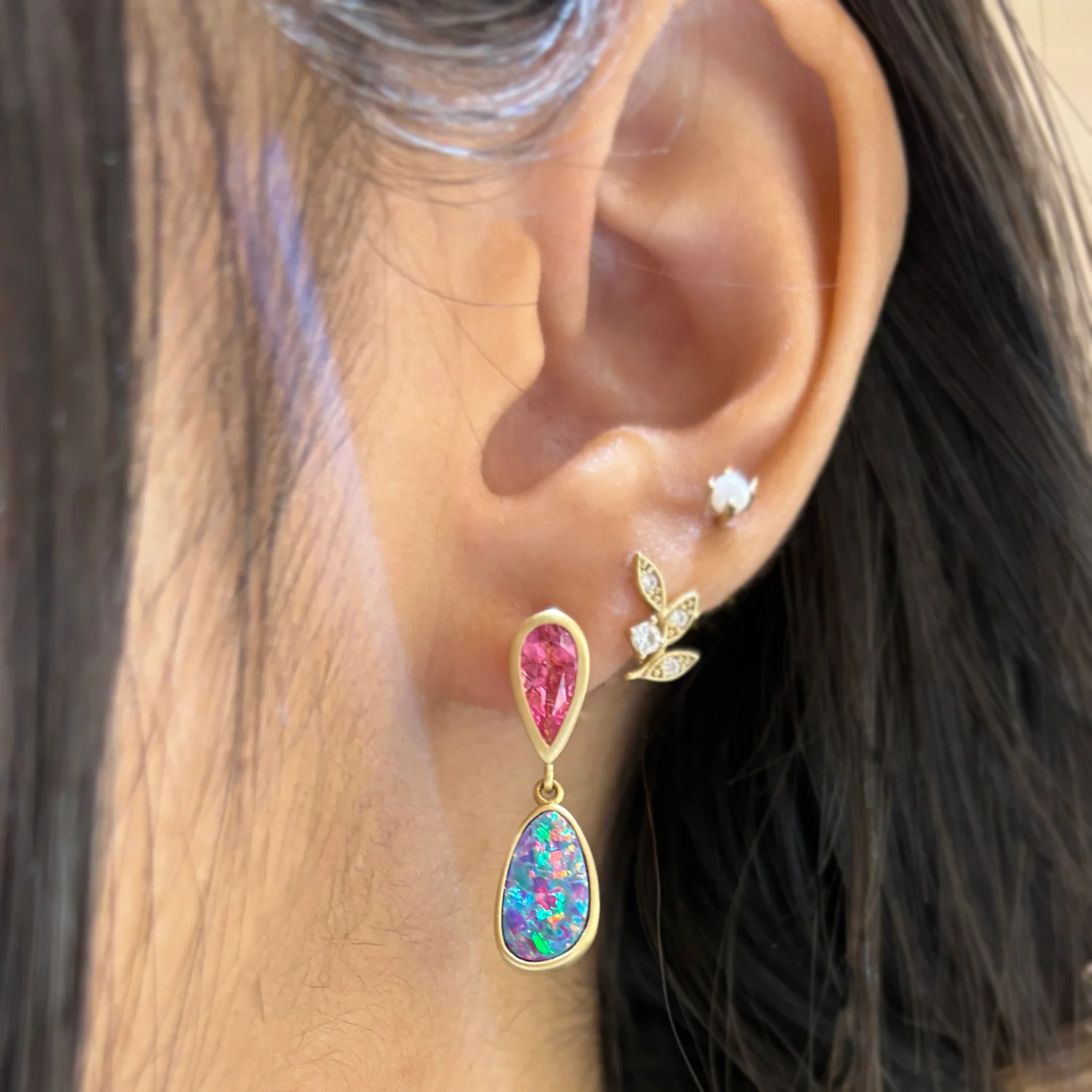 Opal Doublet & Pink Tourmaline Earrings - "Confetti" - Image 3