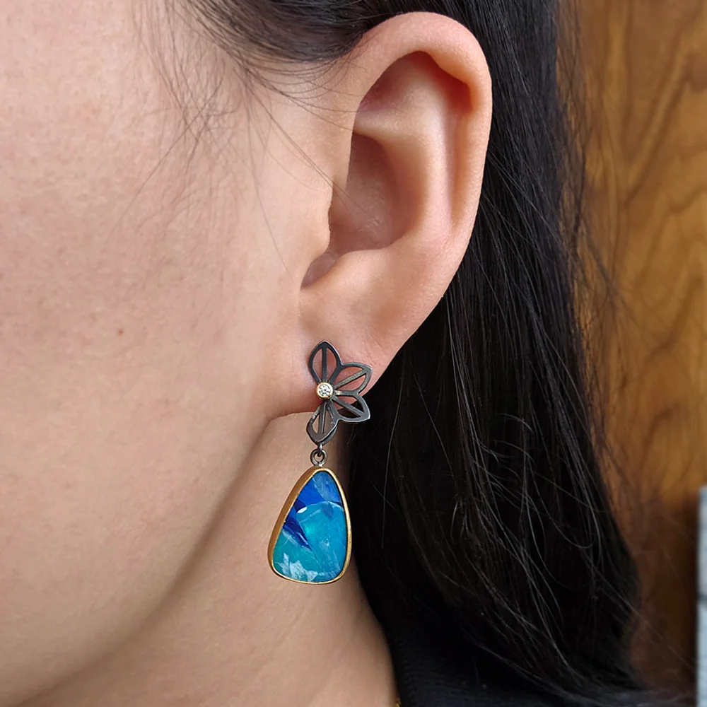 Australian Opal & Diamond Drop Earrings - "Petite Anise" - Image 2