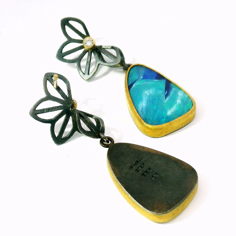Australian Opal & Diamond Drop Earrings - "Petite Anise" - Image 3