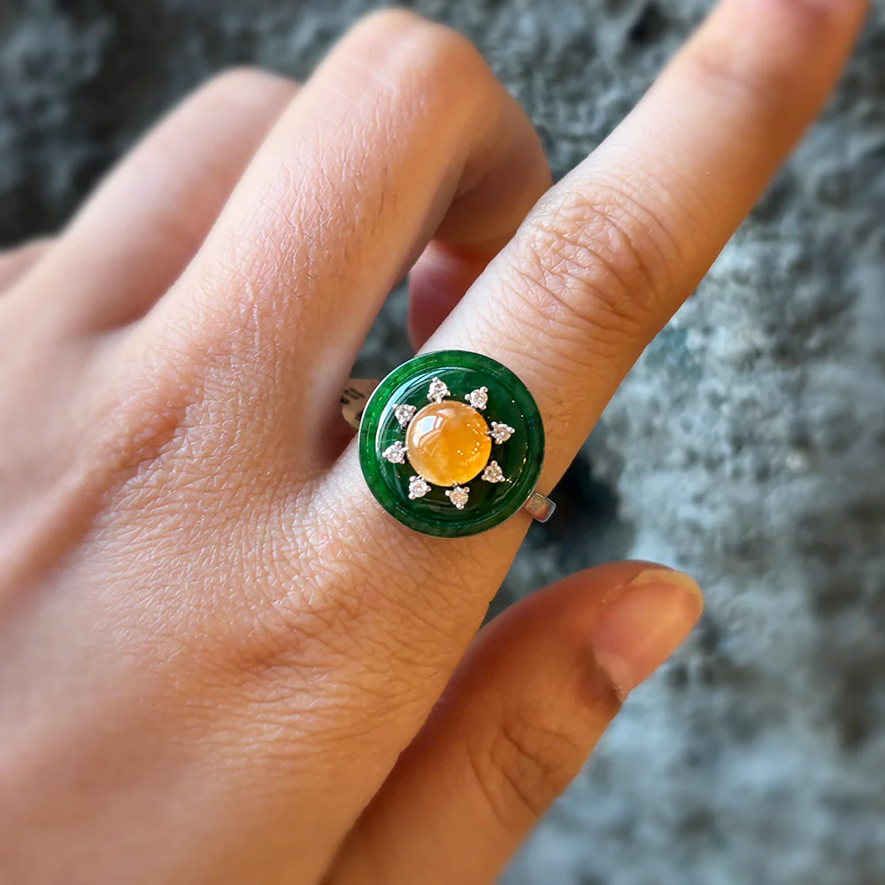 Orange & Green Jade Circle Ring - "Empress's Jewel" - Image 2