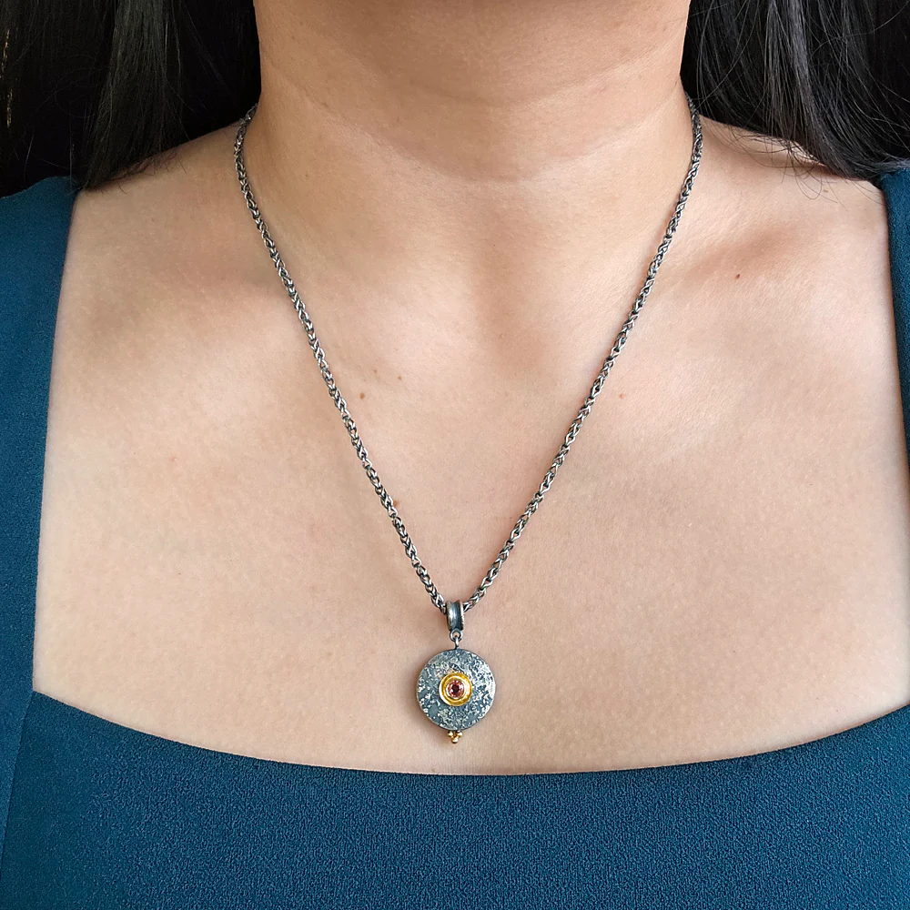 Orange Montana Sapphire, Silver & Gold Necklace - "Mini Maru" - Image 2
