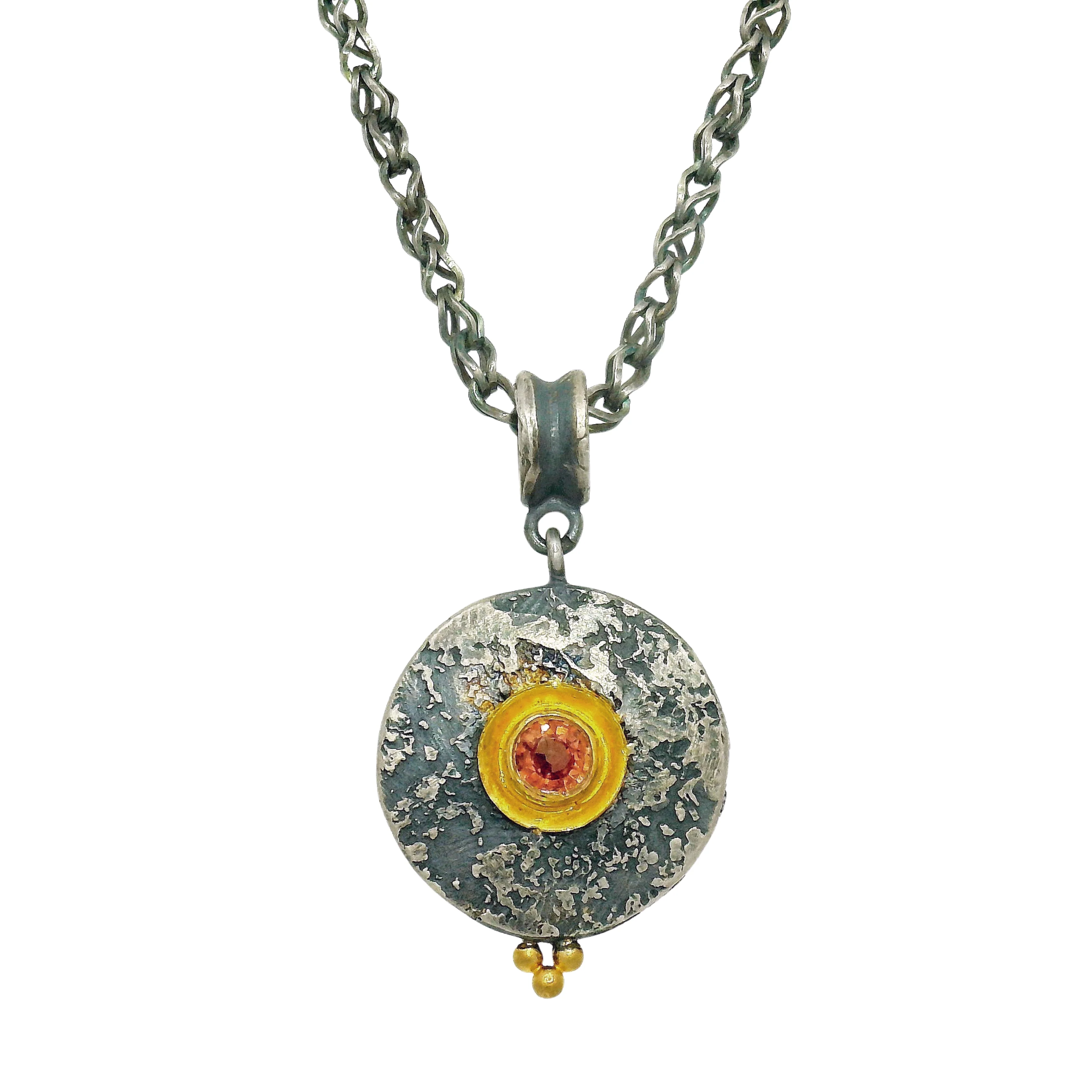 Orange Montana Sapphire, Silver & Gold Necklace - "Mini Maru" - Image 3