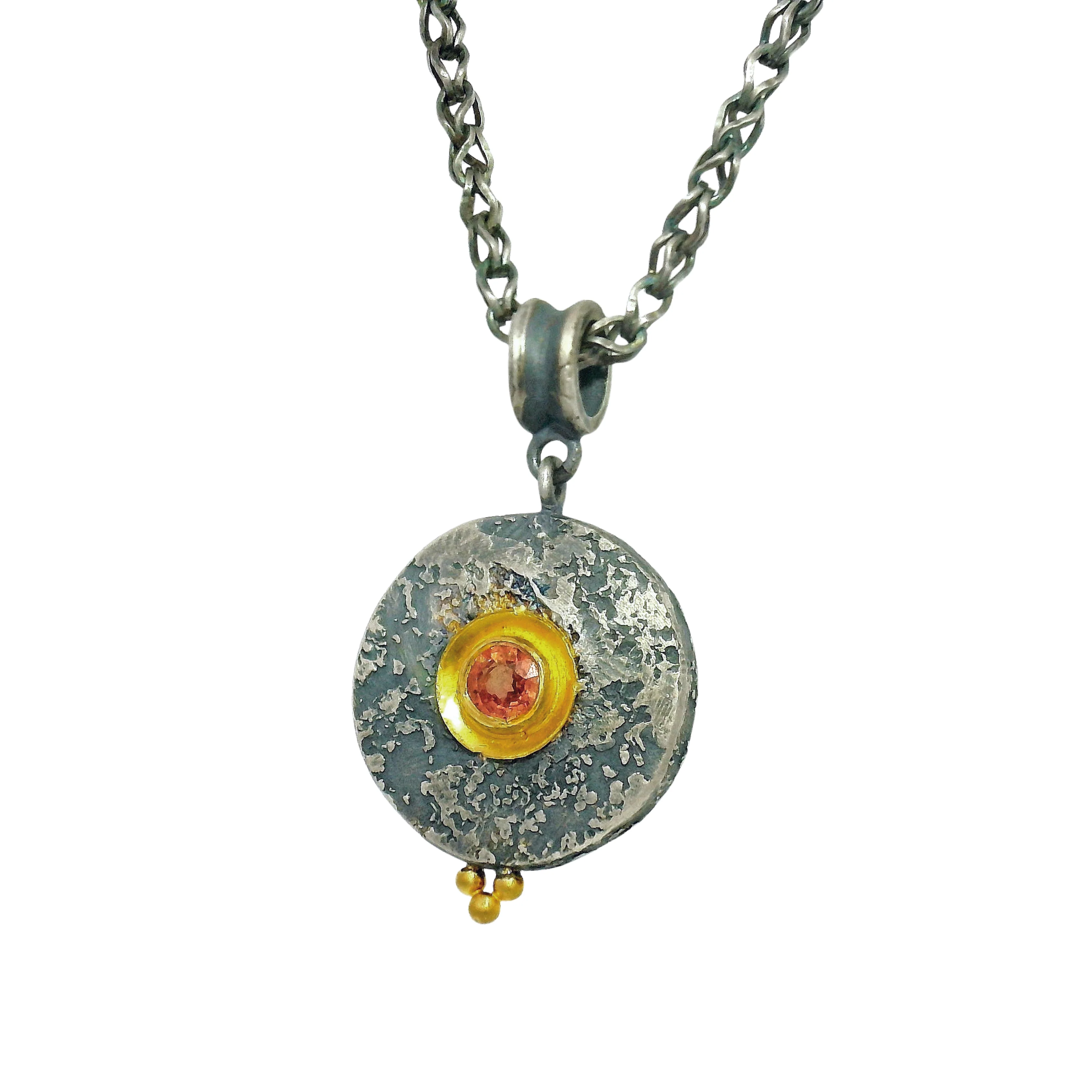 Orange Montana Sapphire, Silver & Gold Necklace - "Mini Maru" - Image 4
