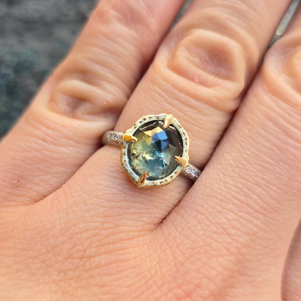 Oval Bi-Color Green & Pale Yellow Montana Sapphire Ring -"Lotus" - Image 5