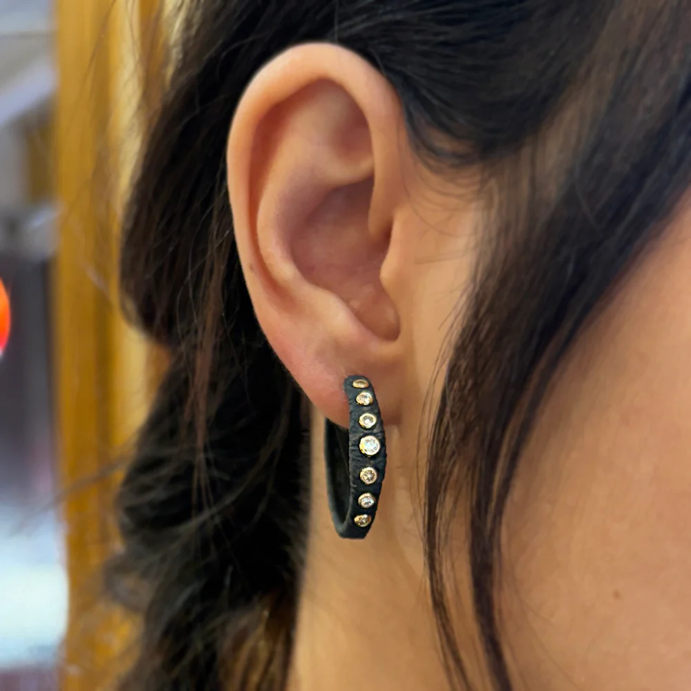 Oxidized Chrome and Diamond Hoops - "Pebble Bold" - Image 4