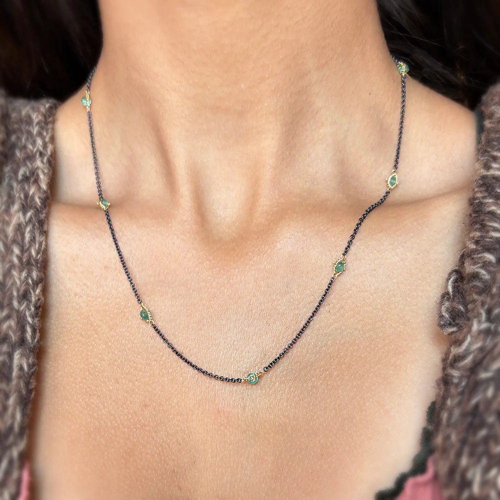 Oxidized Silver & Gold Textile Station Necklace - "Islands of Emerald" - Image 2