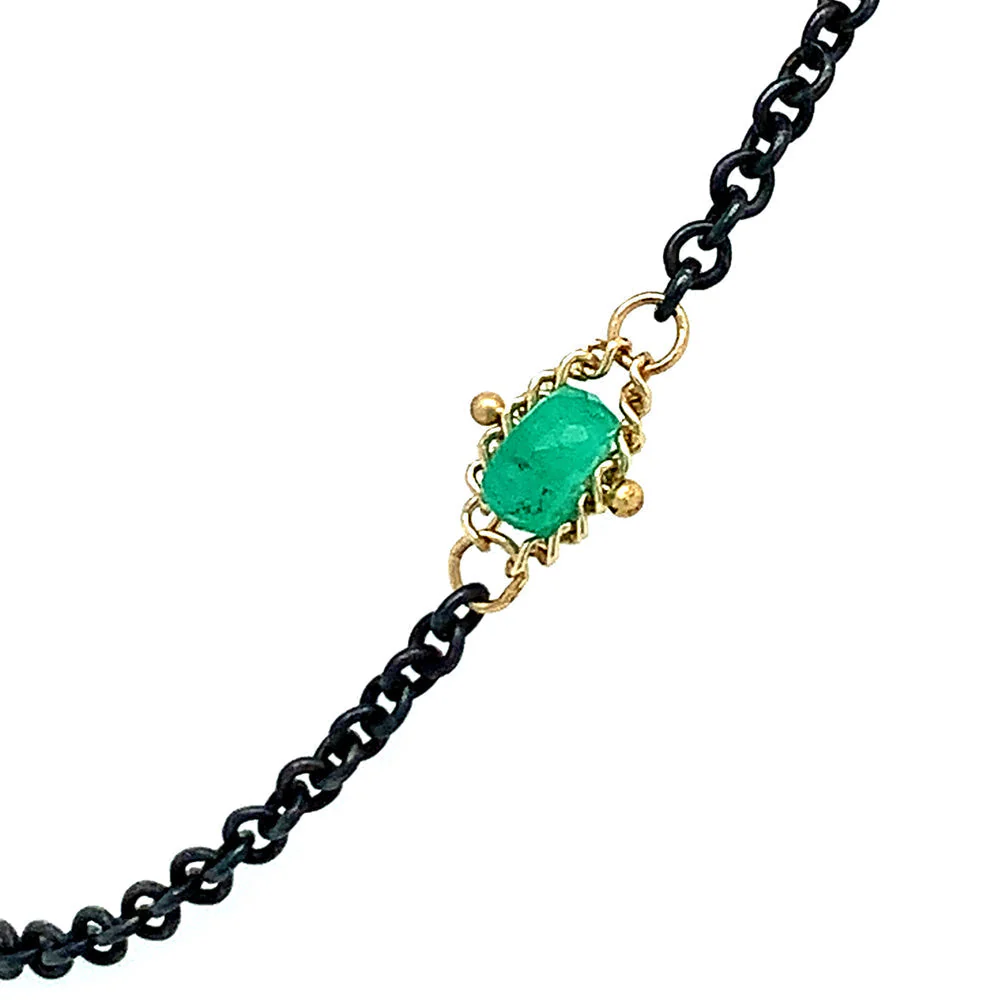 Oxidized Silver & Gold Textile Station Necklace - "Islands of Emerald" - Image 3