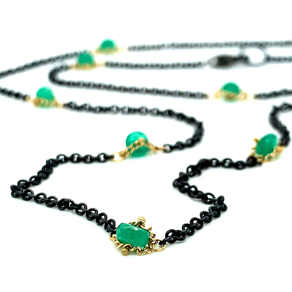 Oxidized Silver & Gold Textile Station Necklace - "Islands of Emerald" - Image 4