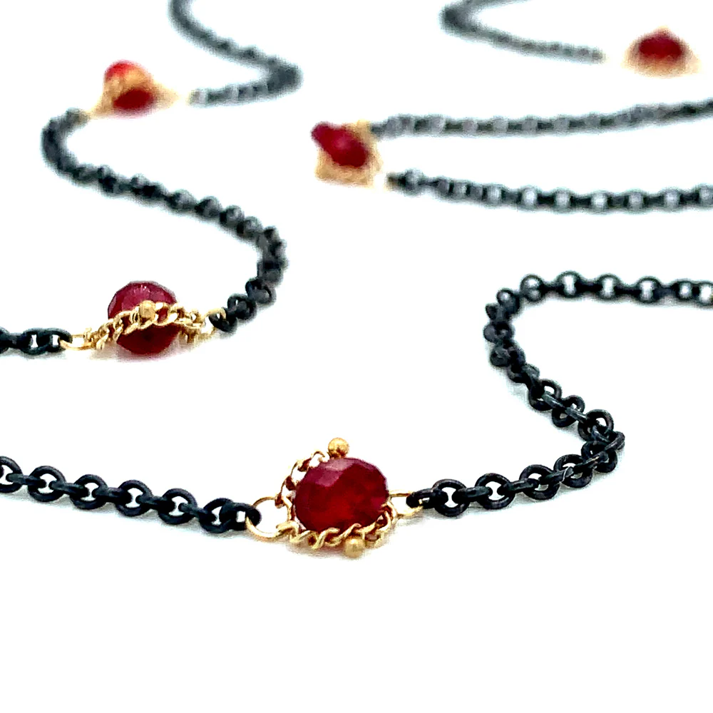 Oxidized Silver & Gold Textile Station Necklace - "Islands of Ruby" - Image 3