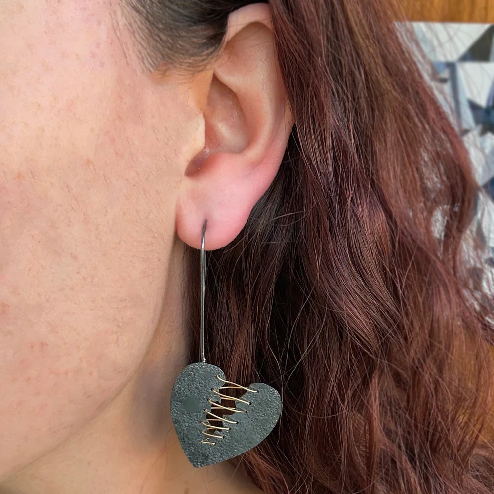 Oxidized Sterling Silver & Gold Vermeil Earrings - "Mended Heart" - Image 2